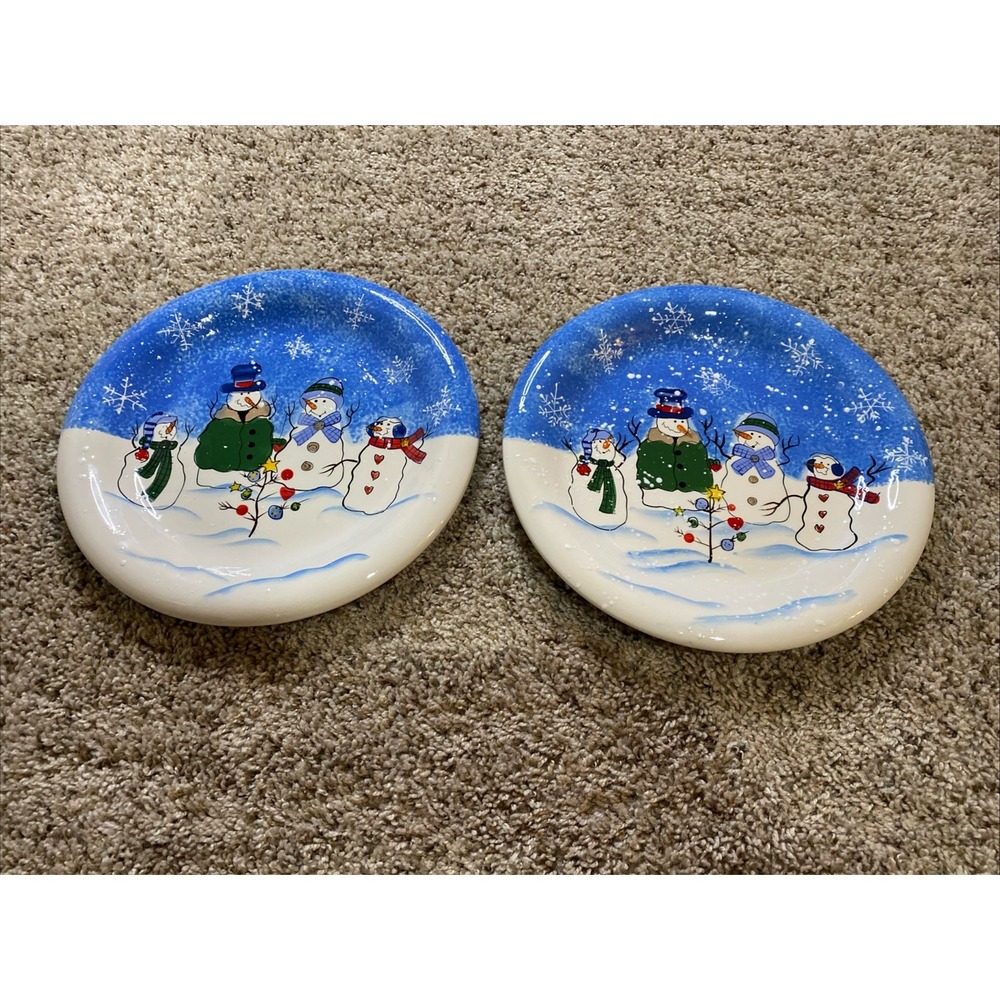 Festive Snowman Blue and White Dinner Plates